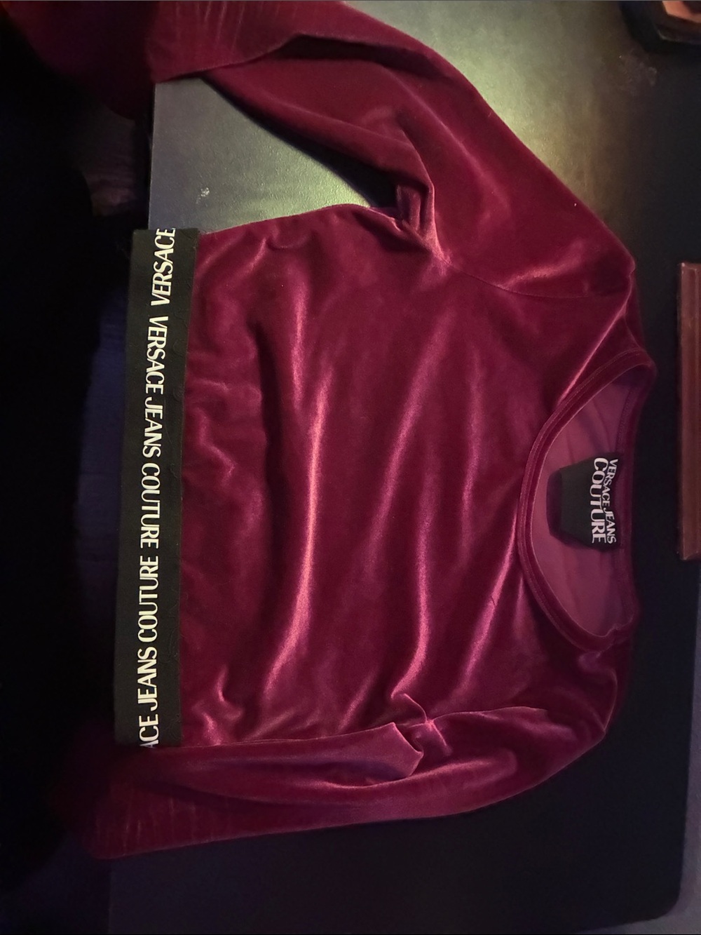 Versace Jeans Collection Maroon Velvet Long Sleeve Top with Branded Hem